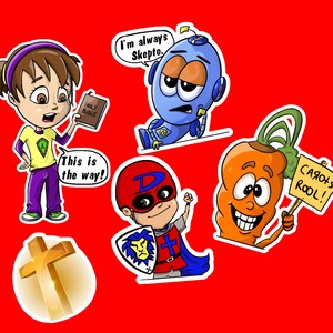 May include: A set of colorful cartoon stickers featuring a girl holding a book that says "Holy Bible", a superhero with a shield and a cross, a carrot with a sign that says "Carrots Rool!" and a blue robot with a speech bubble that says "I'm always Skepto."