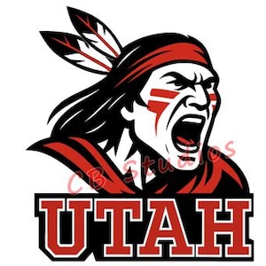 May include: A graphic of a Native American warrior with a red headband and face paint, screaming. The word "UTAH" is displayed in a bold, red font on a black background. Two feathers are in the warrior's hair.