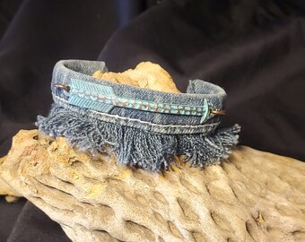 Denim blue jean bracelet leaf charm bracelet leaf toggle clasp boho bracelet gift for her
