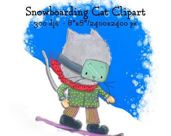 Snowboarding Cat Clipart, Winter Birthday Party Invitation (Digital Download)