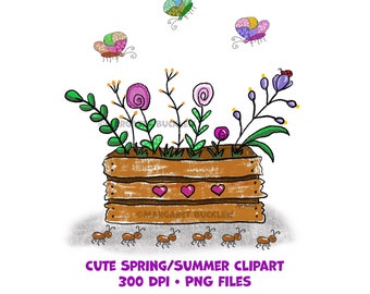 Whimsical Gardening Clipart, Hand-Drawn Floral (Digital Download)