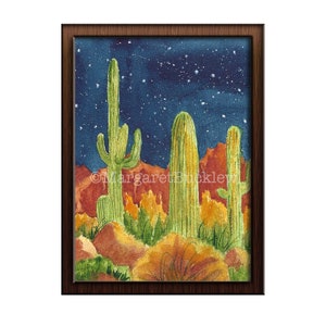 Cactus du désert imprimable, téléchargement immédiat, ciel étoilé, peinture à l'aquarelle, 8"x10" & 4"x5", Cactus, Desert Southwest, unique en son genre
