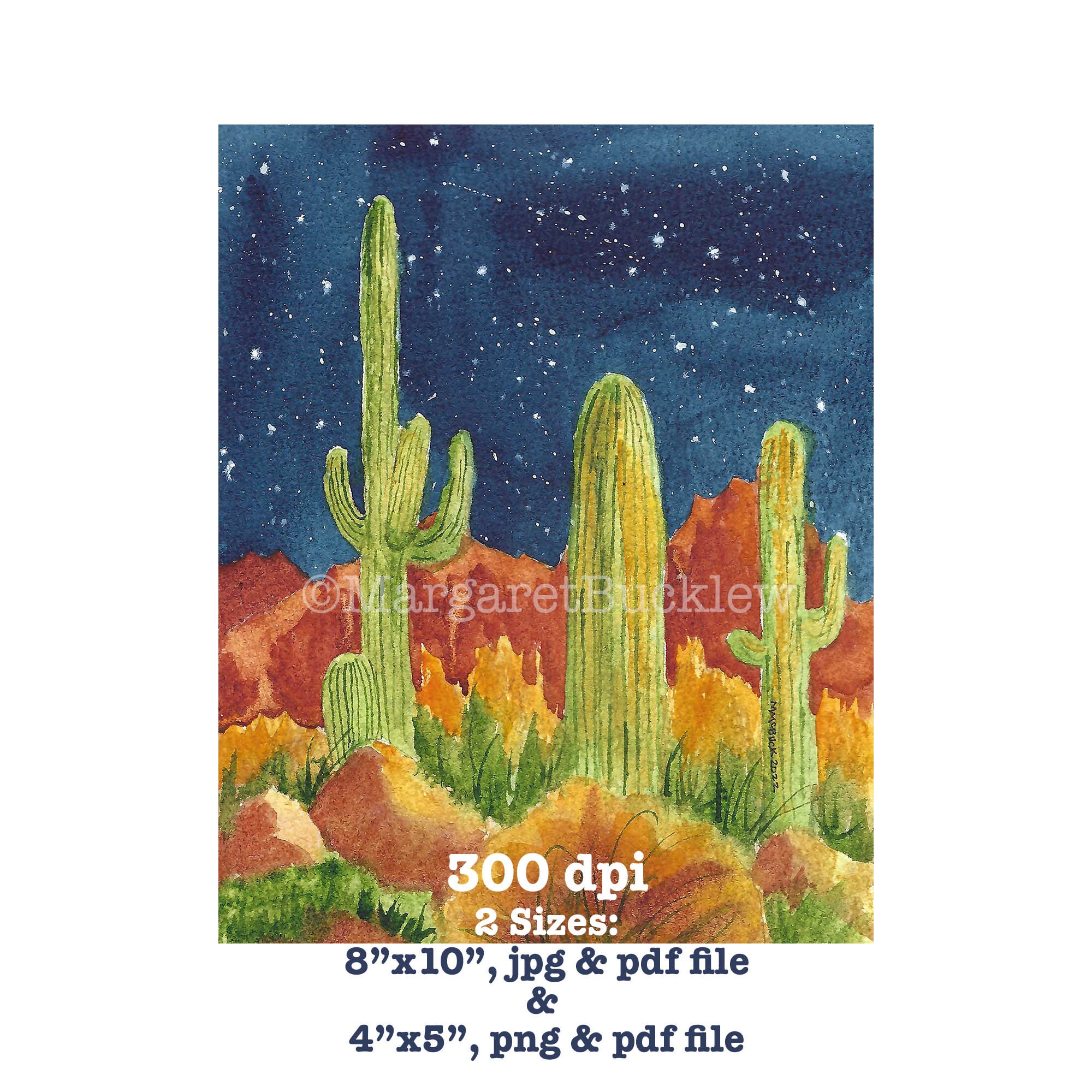 Desert Cactus Printable, Instant Download, Starry Night Sky, Watercolor ...