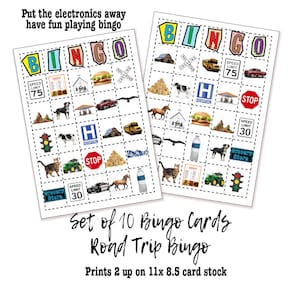 Road Trip Bingo, Games for the car, Road Trip Games, Bingo Cards, Vacation Car Games, Fun Car Games, Fun Driving Game, 11x8.5, 2 up 300 dpi