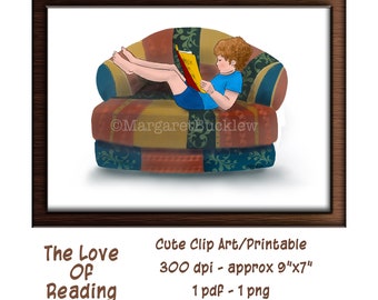 Love Of Reading, Child Reading, Reading Chair, Clipart, Clip Art, Printable, Skin Tones, Instant Download, Cute child, Reading, Books, kids