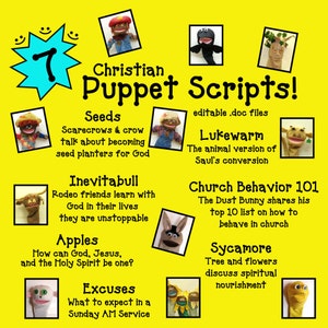 Puede incluir: Un gráfico amarillo brillante con el texto "Christian Puppet Scripts!" y varias ilustraciones de marionetas. La imagen incluye títulos como "Seeds", "Inevitabull" y "Apples", lo que sugiere contenido educativo o religioso para niños.