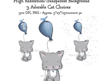 Kitten Clipart, Baby Animal Illustration, 1st Birthday (Digital Download)