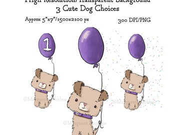 Hand Drawn Dog Clipart, Birthday Art, Puppy Balloons (Digital Download)