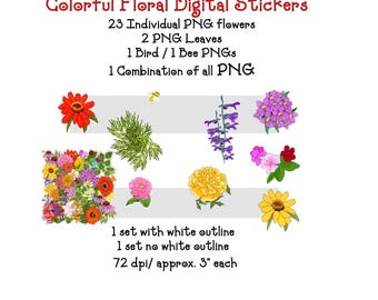 Colorful Floral Digital Stickers | Cute Flower Stickers | Digital Stickers | Garden Digital Stickers | Hand Drawn Flower Stickers