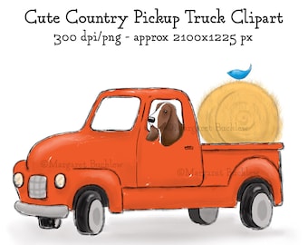 Country Pickup Truck Clipart, Dog, Hay, Bird (Digital Download)