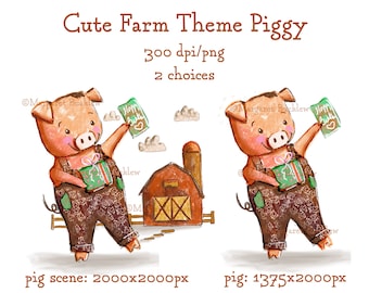 Cute Pig Clipart, Farm Barn, Birthday Invitation (Digital Download)