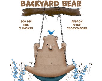 Cute Bear Swing Clipart, Whimsical Nursery Art (Digital Download)