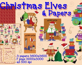Christmas Elves Clip Art, Holiday Papers (Digital Download)