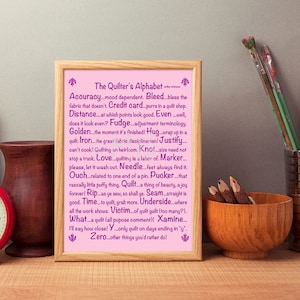 Printable Quilter&#39;s Alphabet, 300 dpi, 8x10 (trim size), 11x17, mauve text/patterned quilting stitches background, digital download