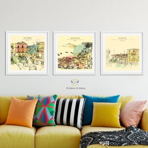 Italy cities print set of 3,Palermo painting,Sorrento Italy,Italy Venice Wall art, Sicily Watercolor,Verona poster,Padua Printable Decor