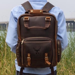Personalize Genuine Leather Camera Backpack: Travel Photo Bag, Laptop Compartment