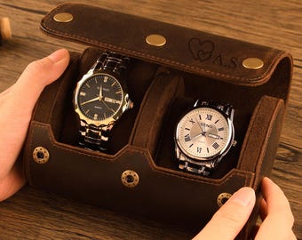 Custodia da viaggio personalizzata in vera pelle per 2 orologi, custodia a rotolo per orologi per uomo, papà, marito