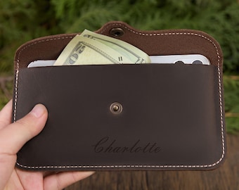 Personalized Leather Long Wallet, Retro Envelope Phone Clutch