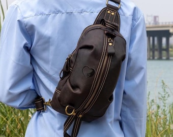 Customized Handmade Leather Sling Bag: Crossbody Chest Bag, Travel Riding Backpack