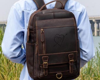 Personalize Handmade Leather Backpack: Unisex Travel Laptop Bag, Coffee Brown