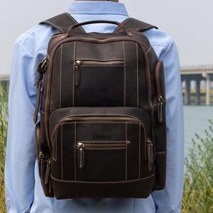 Personalized Retro Leather Backpack: 16" Laptop Travel Daypack for Men Gift ENgrave Name LOGO