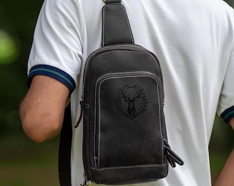 Personalized Leather Sling Bag: Cowhide Crossbody Travel Satchel