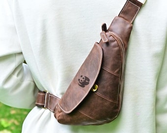 Customized Leather Crossbody Chest Bag: Retro Triangle Design, Multi-Pocket Men Gift, Engraved Name LOGO
