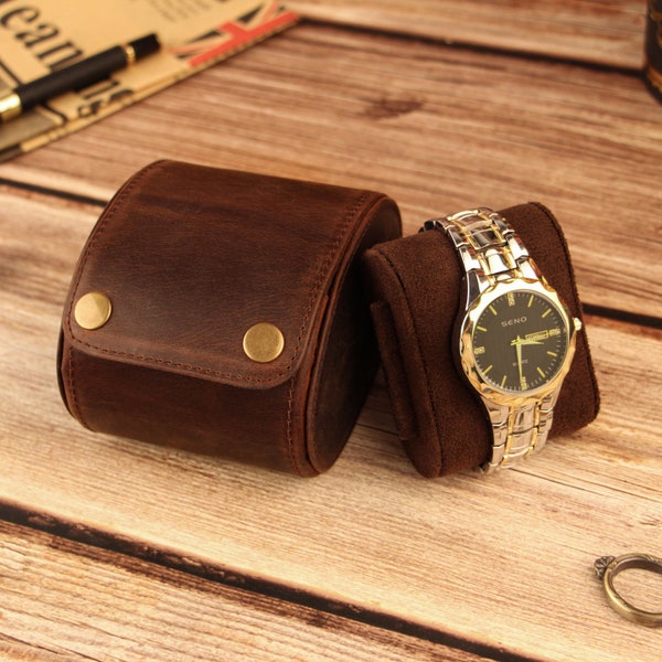 Étui de montres en cuir personnalisé pochette de rangement de bijoux de poignet organisateur cadeau rouleau de montre en cuir de veau pour 1 montres nom personnalisé