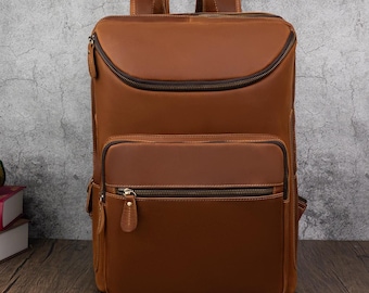 Personalized Leather Backpack: Retro Cowhide Laptop Travel Bag