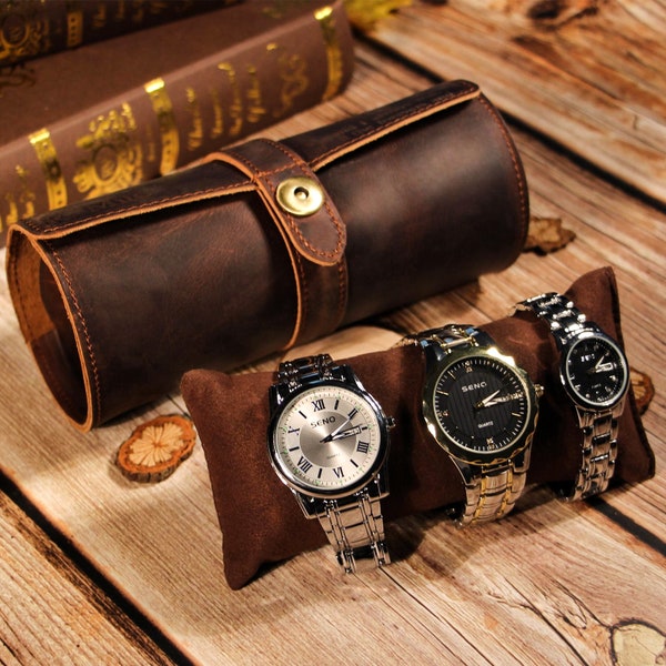 Crazy Horse Cowhide Watch Box Cylindrical Three Strap Watch Box Travel Portable Watch Storage Box