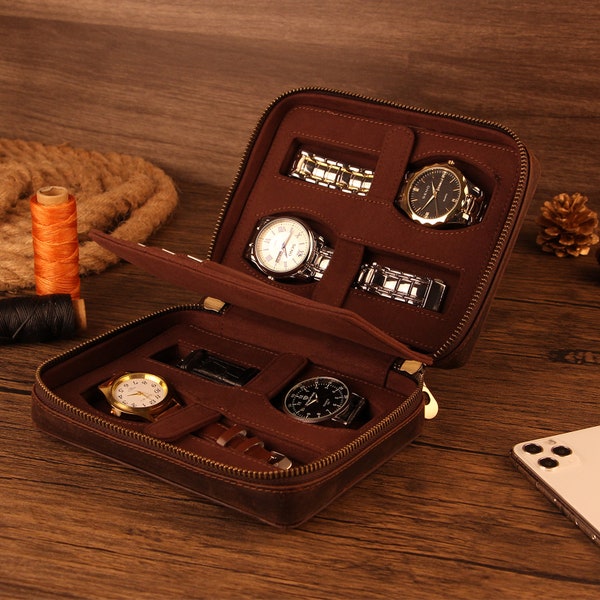 Sac de rangement en cuir pour montre 4 unités Hiram Portable Travel Watch Pochette en cuir véritable Sac de montre Sac de montre en cuir pour montres de couple