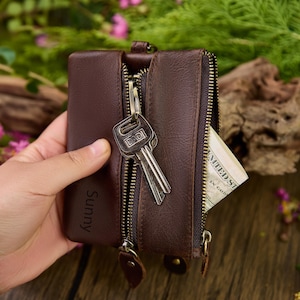 Personalisierte Lederschlüsseltasche, Minimalistische Reißverschluss-Geldbörse