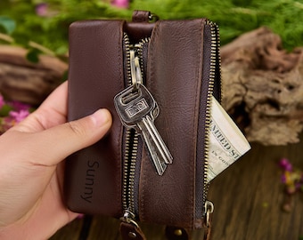 Personalized Leather Key Pouch, Minimalist Zipper Coin Purse