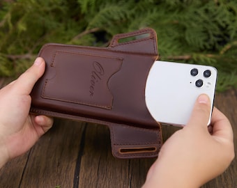 Personalized Leather Phone Holster, Retro Cellphone Belt Pouch