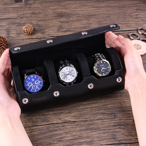Customized Crazy Horse Leather Watch Roll: 3-Watch Travel Case, Personalized Option