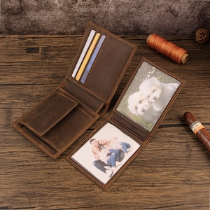 Cartera de cuero personalizada para hombres, cartera plegable de cuero con bloqueo RFID con 2 ventanas de identificación, regalo de cartera para marido, papá, novio