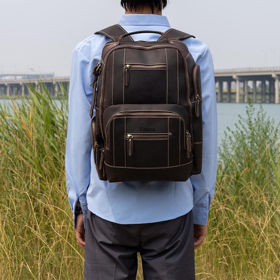 Personalized Retro Leather Backpack: 16" Laptop Travel Daypack for Men Gift  Engrave Name LOGO - Etsy