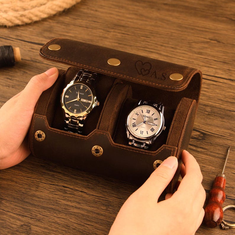 Étui de voyage personnalisé en cuir véritable pour 2 montres, étui à montres pour homme, père, mari image 1