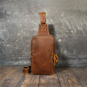 Sac homme en cuir véritable Sac poitrine homme en cuir de vachette, sac bandoulière Crazy Horse en cuir pour femme