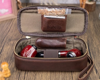 Estuche de viaje personalizado de piel para 2 pipas - Marrón café