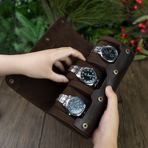 Personalized Name LOGO Gifts Crazy Horse Leather Watch Roll: 3-Watch Travel Case, Personalized Option