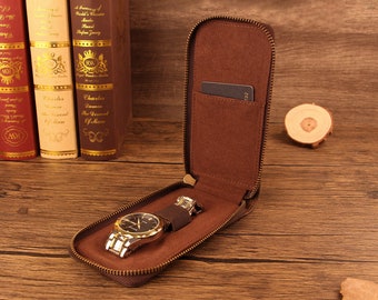 Personalized Single Watch Gift Pouch Portable Travel Watch Bag for Men and Women Genuine Leather Watch Storage Box (Brown)