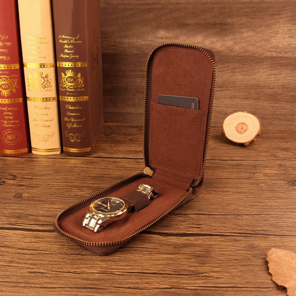 Personalized Single Watch Gift Pouch Portable Travel Watch Bag for Men and Women Genuine Leather Watch Storage Box (Brown)