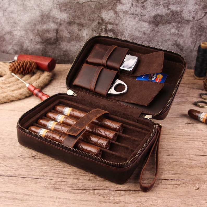 Portable Genuine Leather Cigar Travel Case,leather Cigar Box, Personalized Gift for Him