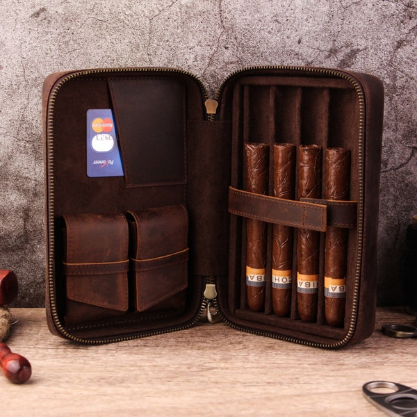 Portable Genuine Leather Cigar Travel Case,Leather Cigar Box, Personalized Gift For Him,Minimalist Cigar Case For Man,Classic Cigar Holder