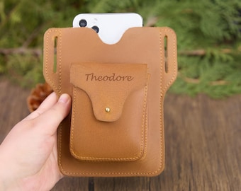 Personalized Leather Phone Belt Pouch, Handmade Retro Double-Pocket Case