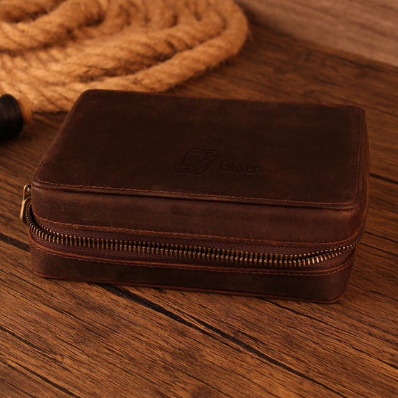 Personalized Crazy Horse Leather Watch Travel Case, 4-Slot Portable Storage
