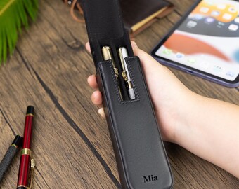 Personalized Leather Pen Holder, 2-Slot Travel Pen Case