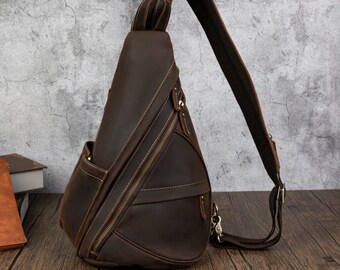 Genuine Leather Sling Bag - Hand Painted Crossbody Backpack, Retro Style, 3 Ways To Wear, Multiple Pockets - View #10