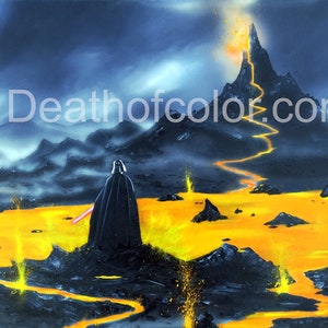 May include: A dark figure stands in a landscape of black rock and flowing orange lava. Two tall, volcanic mountains rise in the background, spewing smoke and fire. The text "Deathofcolor.com" is visible in the upper right corner.